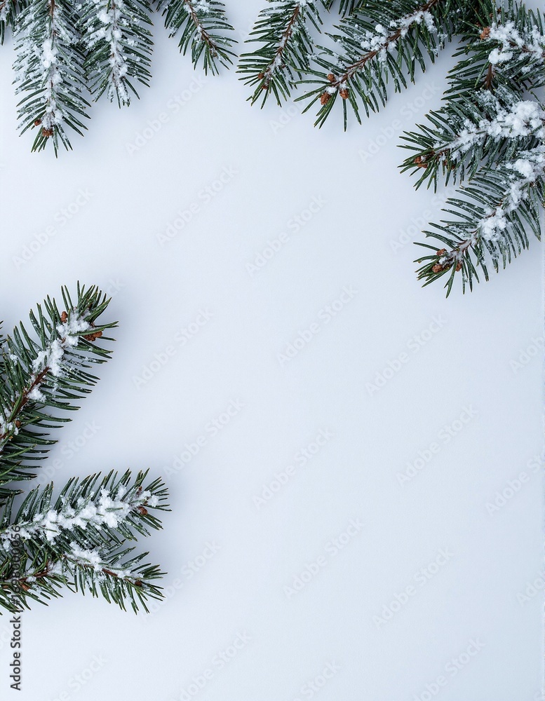 Obraz premium A pristine white background adorned with delicate snowflakes gently blanketing the ground, complemented by lush evergreen branches peeking through.