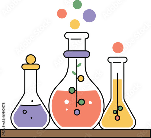 colorful chemical flasks with bubbles on transparent background