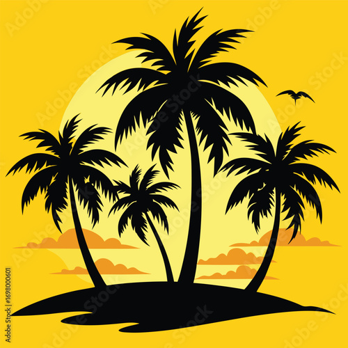 Tropical island getaway with palm trees at sunset