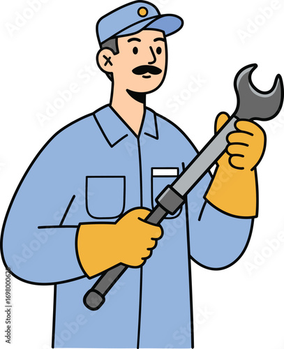 mechanic holding wrench wearing blue uniform on transparent background