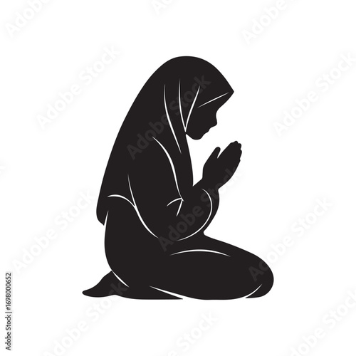 Silhouette of Woman in Prayer – Peaceful Spiritual Muslim Worship Vector