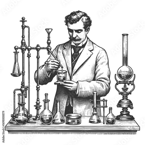19th century scientist working with glass flasks and chemistry equipment, symbolizing science and discovery sketch engraving generative ai vector illustration. Scratch board. Black and white image.