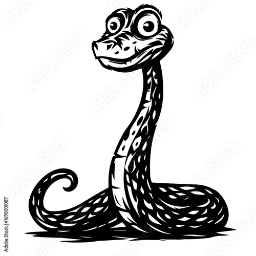 Cartoon rattlesnake standing upright with smile black and white vector illustration for fun reptile themes
