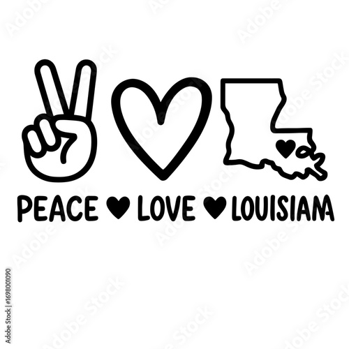 Peace love Louisiana with hand symbol heart and state outline black and white vector illustration

