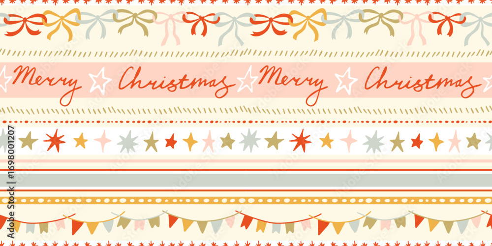 Seamless Christmas patterns with bow knots garland, stars and flags. Trendy xmas stripes design. Hand drawn vector illustration. Holiday background, wrapping paper.