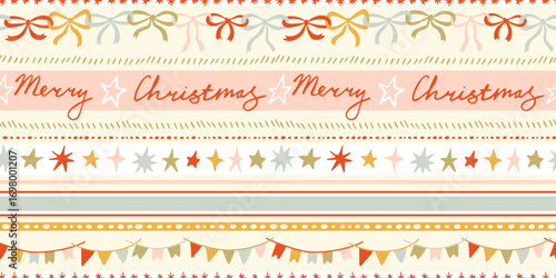 Seamless Christmas patterns with bow knots garland, stars and flags. Trendy xmas stripes design. Hand drawn vector illustration. Holiday background, wrapping paper.
