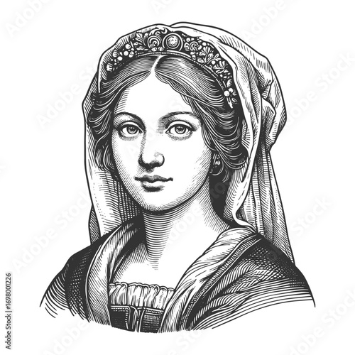 17th century noblewoman wearing a jeweled headdress and veil, symbolizing baroque elegance and aristocratic refinement sketch engraving generative ai vector illustration. Scratch board. 