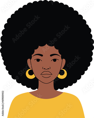 african woman with afro hairstyle wearing yellow shirt on transparent background