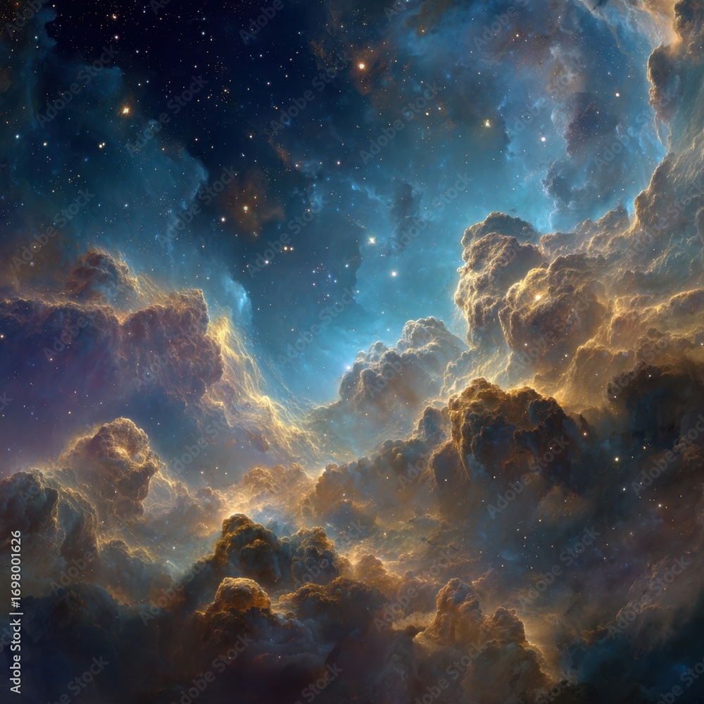 Obraz premium Majestic Cosmic Nebula with Vibrant Star Clusters and Dramatic Cloud Formations in Deep Space Background