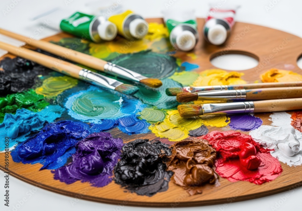 Obraz premium Colorful artist's palette with paint and brushes