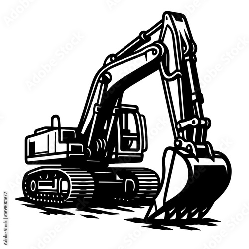 Excavator construction vehicle silhouette black and white vector illustration for heavy equipment and industrial use
