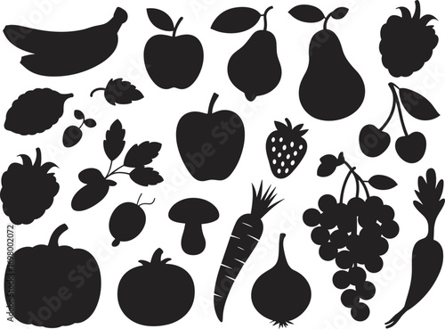 Assorted black silhouettes of fruits vegetables and mushroom on white background food