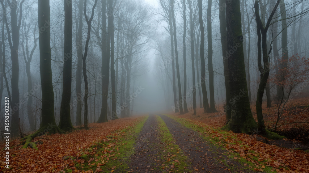 Fototapeta premium Serene autumnal woodland path; misty, mysterious ambiance; tall trees lining a gravel road strewn with fallen leaves; evocative, tranquil mood; perfect for travel, nature, or fantasy themes.