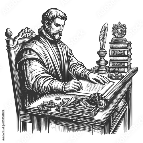Renaissance scribe seated at a desk, writing with quill on parchment, symbolizing knowledge, history, and scholarship sketch engraving generative ai vector illustration. Scratch board. Black and white