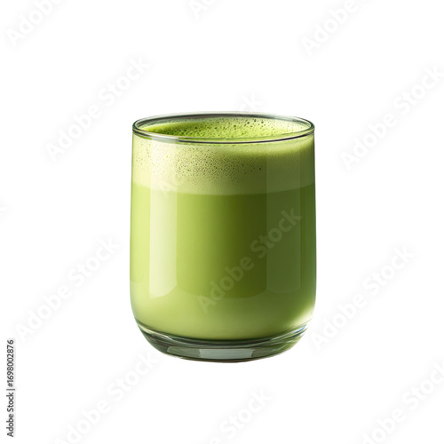 A vibrant green matcha latte in a clear glass