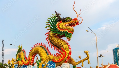 Wallpaper Mural A magnificent golden dragon statue, vibrant with colorful scales and intricate details, stands against a clear sky. Torontodigital.ca