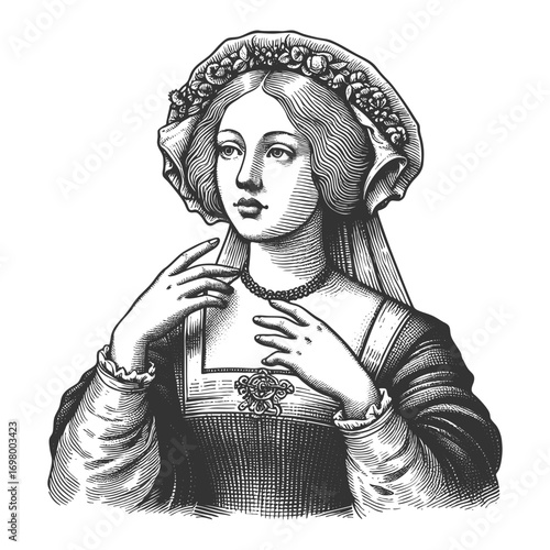 16th century noblewoman wearing a floral headdress, elegant gown, and jewelry, Renaissance fashion and beauty sketch engraving generative ai vector. Scratch board imitation. Black and white.