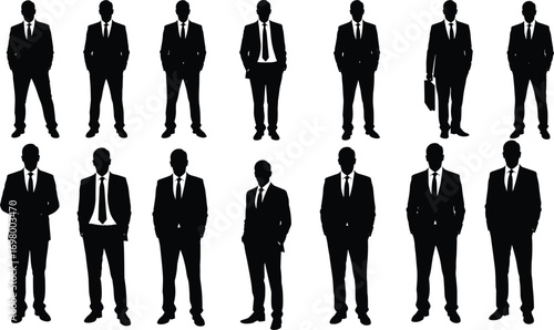 Collection of businessmen in silhouette wearing suits and ties in various poses Keywords: businessmen, silhouette, suits, ties