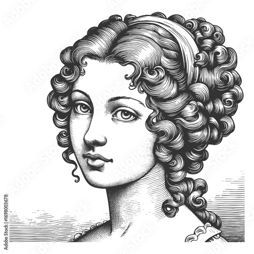17th century noblewoman with curly hair and elegant attire, representing baroque elegance and aristocratic style sketch engraving generative ai vector illustration. Scratch board. Black and white.