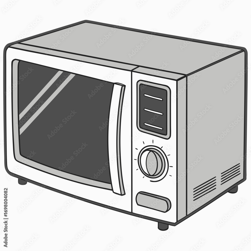 Fototapeta premium A simple cartoon illustration of a modern kitchen microwave oven with a glass door and control panel