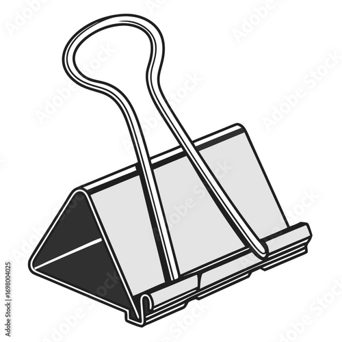 A simple black and white illustration of a binder clip used for organizing documents and papers