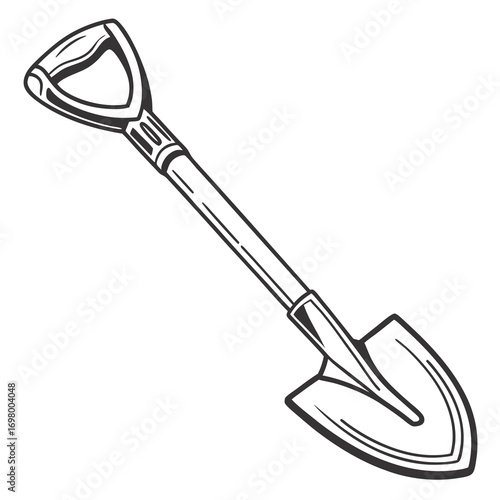 A simple black and white line drawing illustration of a garden spade tool on a white background