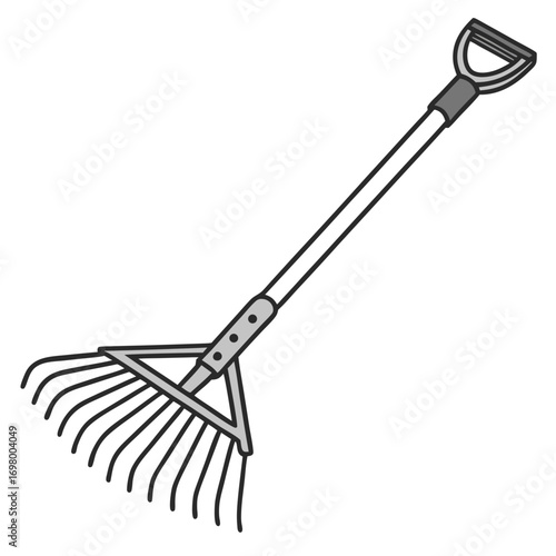 A simple cartoon illustration of a garden rake with a gray handle and tines on a white background