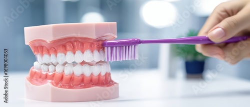The dental model being brushed with a toothbrush for oral hygiene demonstration