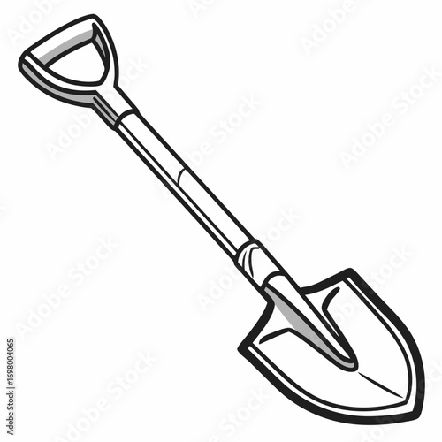 A simple black and white line drawing illustration of a garden spade with a d shaped handle