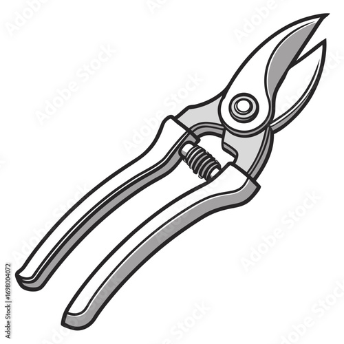 A simple illustration of a pair of metal pruning shears with black outlines and gray shading