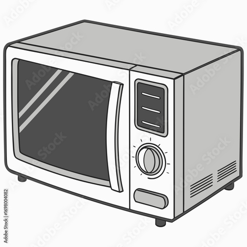 A simple cartoon illustration of a modern kitchen microwave oven with a glass door and control panel