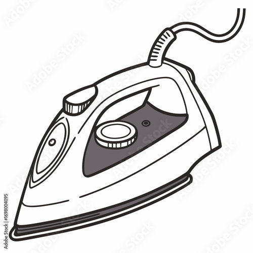 A simple line drawing illustration of a modern electric steam iron with a cord and controls