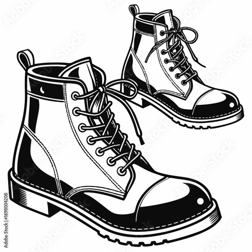 Classic black and white illustration of two laced combat boots with thick soles