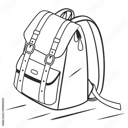 Classic black and white line art illustration of a vintage style backpack with buckles and straps