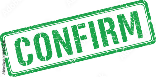 green confirm stamp with textured edges on transparent background