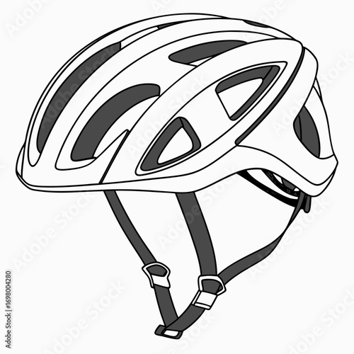 Clean line art illustration of a modern bicycle helmet with ventilation holes and straps