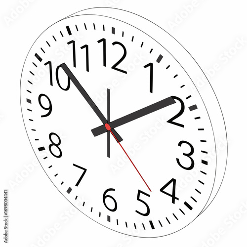 Close up isometric view of a white analog wall clock showing the time approximately ten minutes past ten