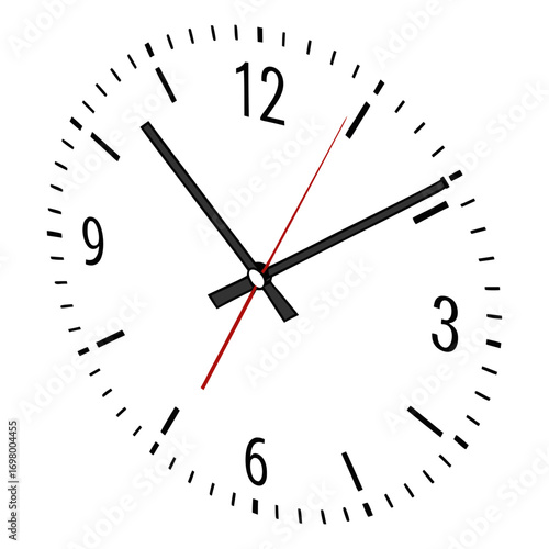 Close up of a simple white analog clock face with black hour and minute hands and a thin red second hand