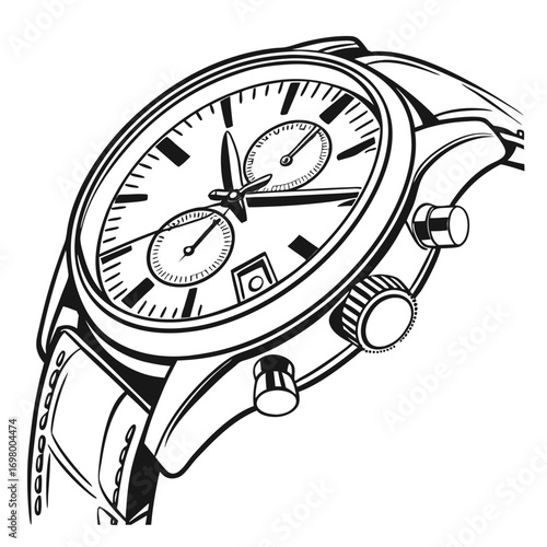 Detailed black and white illustration of a luxury chronograph wristwatch with a leather strap