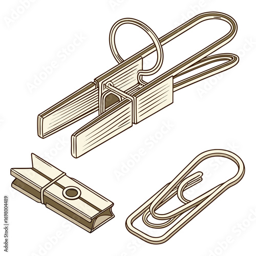 Collection of vintage style office supplies including a binder clip a clothespin and a paperclip