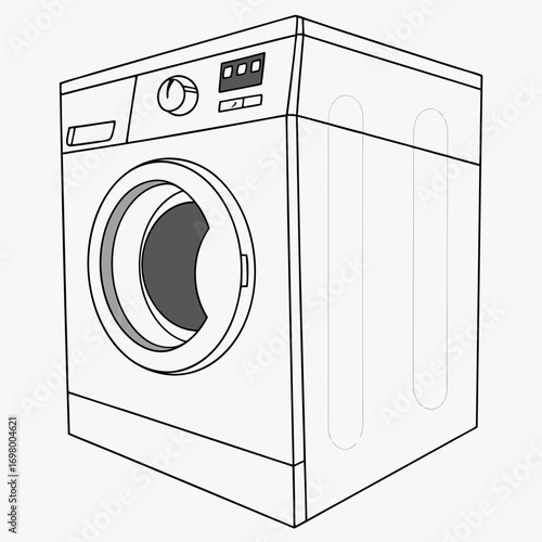 Front loading washing machine with digital display and dial control in a simple line art illustration