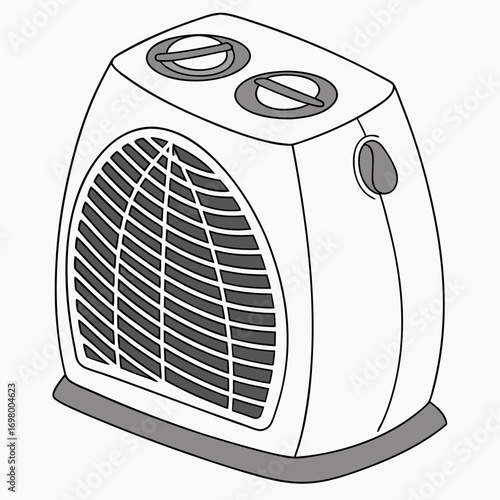 Illustration of a portable electric fan heater with two control knobs on top and a gray base