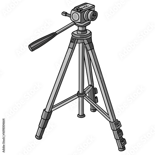 Isolated illustration of a professional video tripod with a fluid head and adjustable legs on a white background