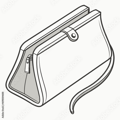 Minimalist line art illustration of a stylish clutch purse with a zipper and strap