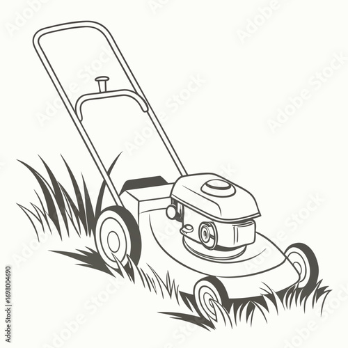 Line art illustration of a push lawn mower with a gas engine in tall grass