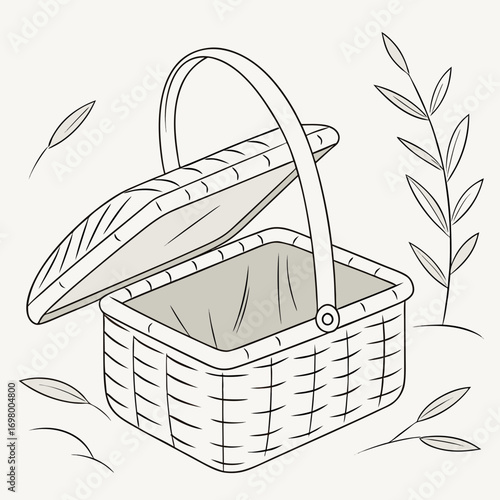 Open woven picnic basket with lid ajar and delicate leaves scattered around