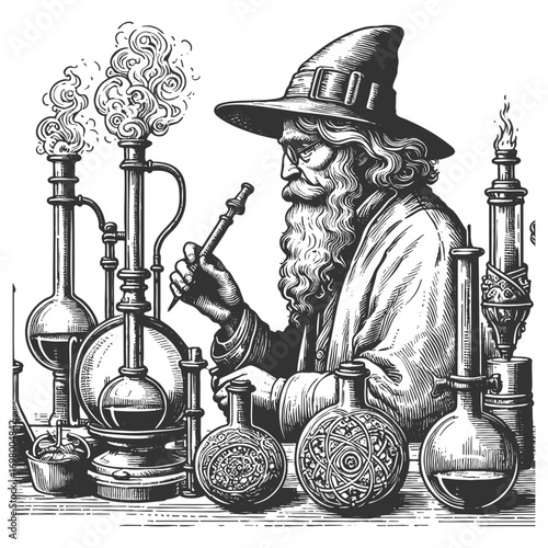 old alchemist working in a laboratory surrounded by flasks, scales, and mysterious equipment sketch engraving generative ai fictional character vector illustration. Scratch board. Black and white.