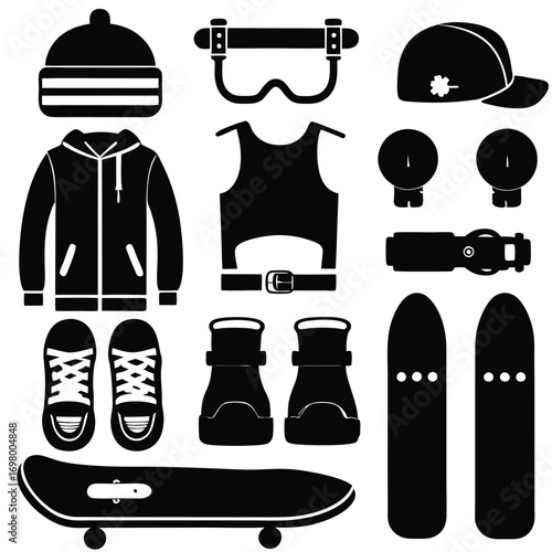 A collection of black silhouette icons representing various extreme sports equipment and apparel.