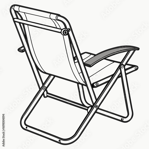 Simple line art illustration of a foldable outdoor lounge chair with armrests on a white background