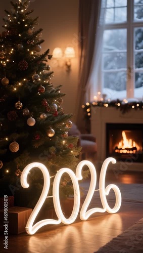 Golden “2026” beside a decorated Christmas tree with lights, ornaments, and gifts, creating a warm, cozy, and festive atmosphere for New Year and holiday celebrations.